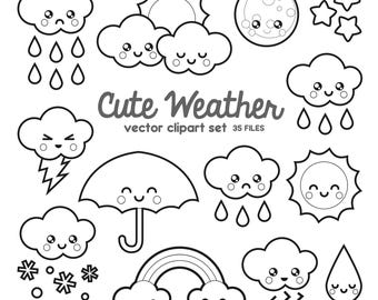 Premium vectorclipart - kawaii weer-clipart - kawaii weer-clipart set - hoge kwaliteit vectoren - contouren - kawaii-clipart