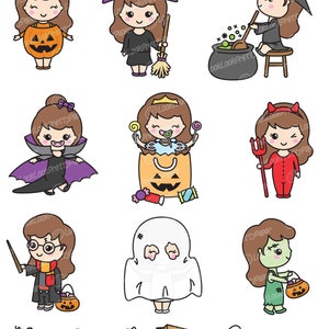 May include: A set of ten digital illustrations featuring cute cartoon girls dressed in various Halloween costumes. The girls are holding candy, pumpkins, and other Halloween-themed items. The illustrations are perfect for use in digital scrapbooking, card making, and other creative projects.