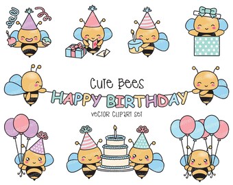 Premium Vector Clipart - Kawaii Birthday Bees - Cute Birthday Bees Clipart Set - High Quality Vectors - Kawaii Birthday Clipart