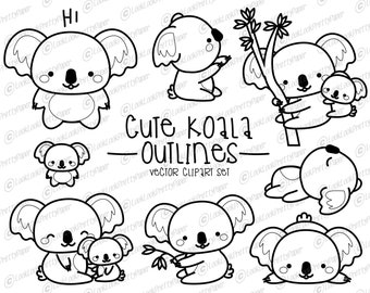 Premium Vector Clipart - Kawaii Koala Outlines - Cute Koalas Outlines Clipart Set - High Quality Vectors - Instant Download