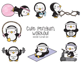 Premium Vector Clipart - Kawaii Workout Penguins - Cute Workout Penguins Clipart Set - High Quality Vectors - Kawaii Workout Clipart