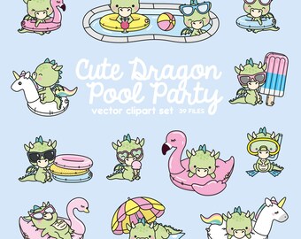 Premium Vector Clipart - Kawaii Dragon - Cute Dragons Pool Party Clipart - Pool Party - Instant Download - Kawaii Clipart