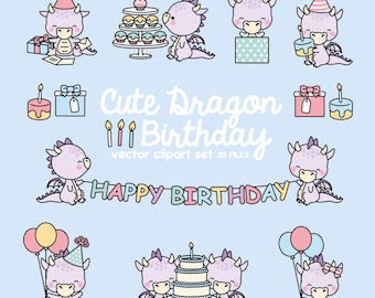 Premium Vektor Clipart - Kawaii Lila Geburtstag Drachen - Cute Birthday Drachen Clipart Set - Hochwertige Vektoren - Kawaii Clipart