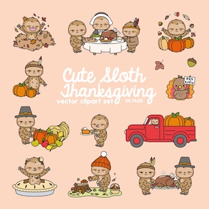 Premium Vektor Clipart - Kawaii Thanksgiving Faultiere - Niedliche Faultiere