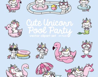 Premium Vector Clipart - Kawaii Unicorn - Cute Unicorn Pool Party Clipart - Pool Party - Instant Download - Kawaii Clipart