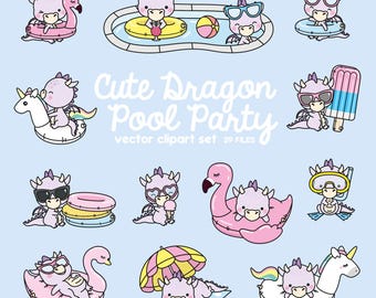 Premium Vektor Clipart - Kawaii Lila Drache - Cute Purple Dragons Pool Party Clipart - Pool Party - Instant Download - Kawaii Clipart