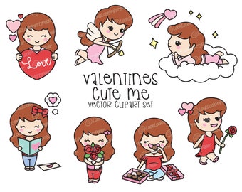 Premium Vector Clipart - Kawaii Valentines Day Cute Me - Valentines Day Girl Clipart Set - Cute Valentines Day Clipart - Red Hair