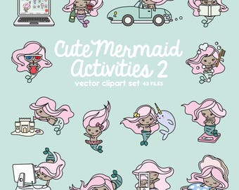 Premium Vector Clipart - Kawaii Mermaid - Cute Mermaid Planning Clipart - Even More Mermaids Dark Skin - Instant Download - Kawaii Clipart