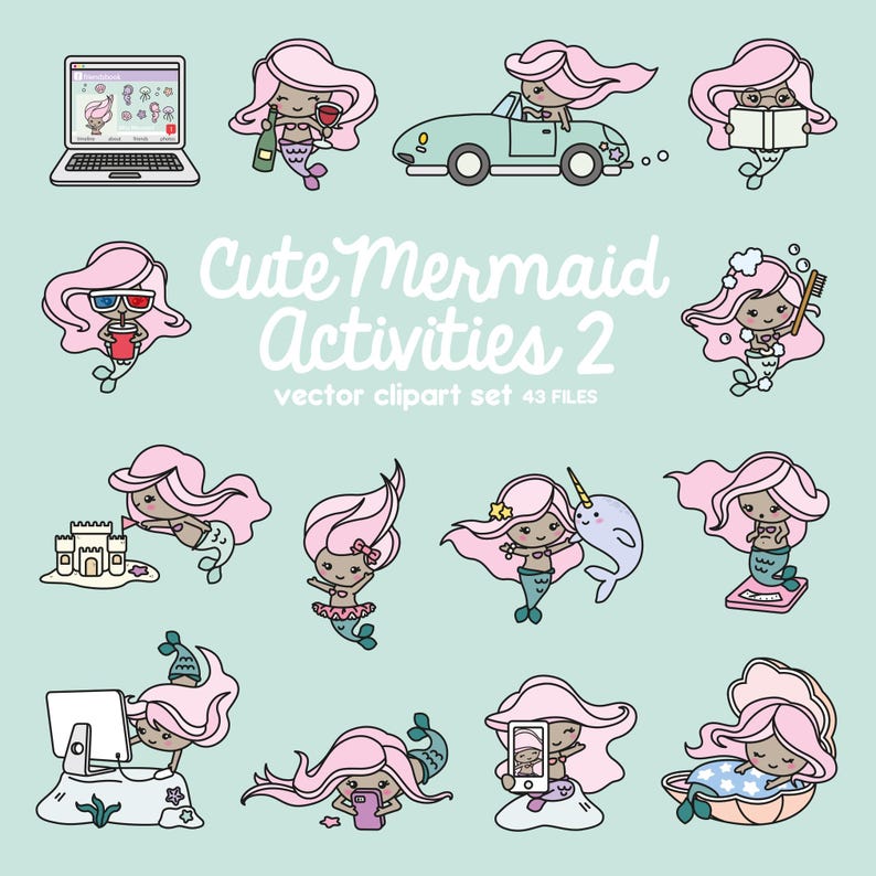 Premium Vector Clipart - Kawaii Mermaid - Cute Mermaid Planning Clipart ...