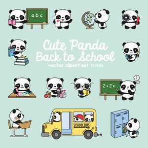 Clipart vetorial premium - Pandas Kawaii de volta às aulas - Conjunto de clipart de panda fofo - Vetores de alta qualidade - Clipart de escola Kawaii