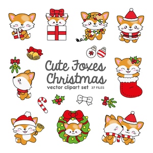 Premium Vector Clipart - renards de Noël kawaii - ensemble de cliparts mignons renards de Noël - vecteurs de haute qualité - clipart renard de Noël kawaii