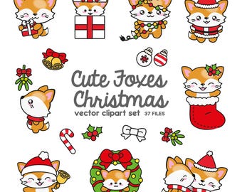 Premium vectorclipart - kawaii kerstvossen - schattige kerstvossen-clipartset - hoge kwaliteit vectoren - kawaii kerstvos-clipart