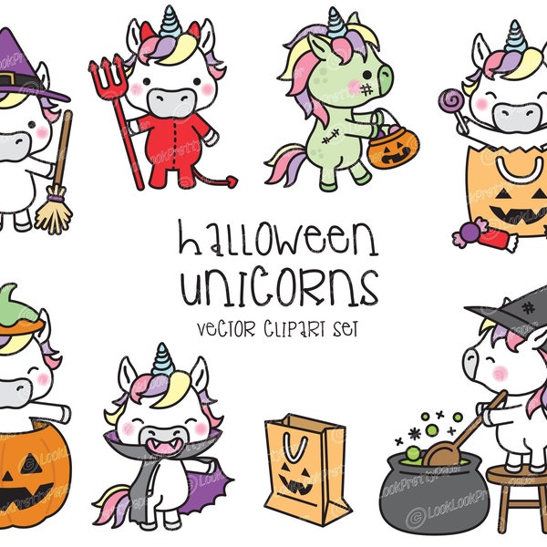 Premium Vector Clipart - Kawaii Halloween Unicorns - Cute Halloween Unicorns Clipart Set - High Quality Vectors - Kawaii Halloween Clipart