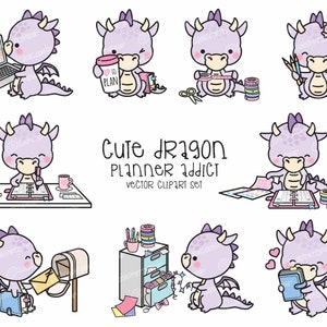 Premium Vector Clipart - Kawaii Dragon - Purple Dragons Planner Addict Clipart - Dragon Loves Planning - Instant Download - Kawaii Clipart