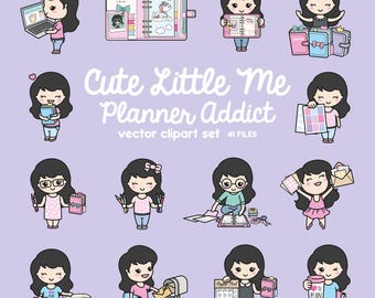 Premium Vector Clipart - Kawaii Girl - Cute Girl Planner Addict Clipart - Cute Me Loves Planning - Instant Download - Kawaii Clipart