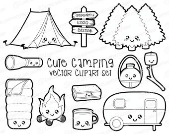 Premium Vector Clipart - Kawaii Camping Clipart - Kawaii Camping Clip art Set - High Quality Vectors - Outlines - Kawaii Clipart