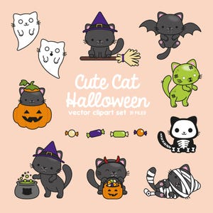 Premium Vector Clipart - Kawaii Halloween Cats - Cute Halloween Cats Clipart Set - High Quality Vectors - Kawaii Clipart