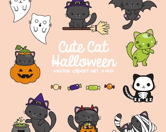 Premium Vector Clipart - Kawaii Halloween Cats - Cute Halloween Cats Clipart Set - High Quality Vectors - Kawaii Clipart