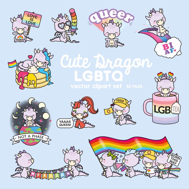 Pu&ograve; includere: Un set di 55 immagini clipart digitali che presentano adorabili draghi di cartoni animati in varie pose e con diversi messaggi a tema LGBTQ+. I draghi sono viola e rosa con accenti arcobaleno. I messaggi includono "Love is Love", "Queer", "Bi AF", "Proud", "Yaaas Queen", "Not a Phase", "Born This Way" e "LGB Tea".