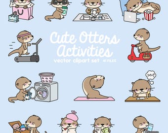 Premium Vector Clipart - Kawaii Otter - Cute Otters Planning Clipart - Getting Stuff Done - Instant Download - Kawaii Clipart