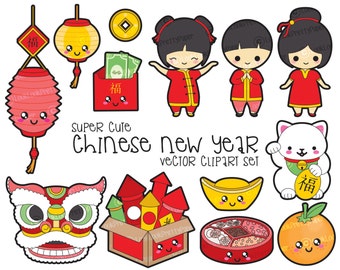 Premium Vector Clipart - Kawaii Chinese New Year Clipart - Big Kawaii Clip Art Set - High Quality Vectors - Instant Download