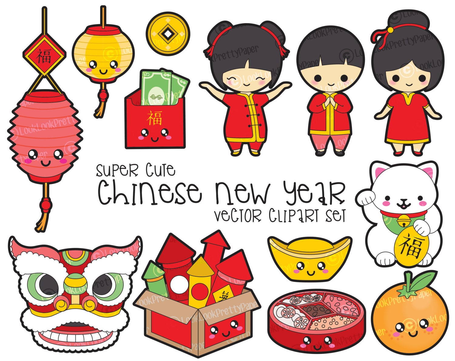 Premium Vector Clipart Kawaii Chinese New Year Clipart Big Kawaii Clip Art  Set High Quality Vectors Instant Download 