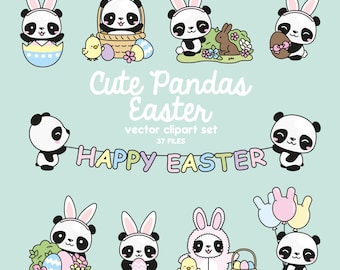 Premium Vector Clipart - Kawaii Easter Pandas - Cute Easter Panda Bears Clipart Set - High Quality Vectors - Kawaii Easter Clipart