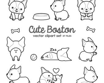 Premium Vector Clipart - Kawaii Boston Terriers - Cute Bostons Clipart Set - High Quality Vectors - Black + White Outlines - Kawaii Clipart
