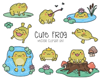 Premium Vektor Clipart - Kawaii Frösche - Süßes Frosch Clipart Set - Hochwertige Vektoren - Sofortiger Download - Kawaii Clipart