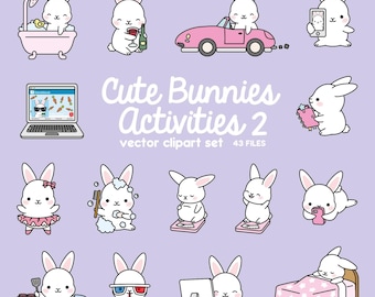Premium Vector Clipart - Kawaii Bunny - Cute Bunny Planning Clipart - Even More Bunnies - Instant Download - Kawaii Clipart