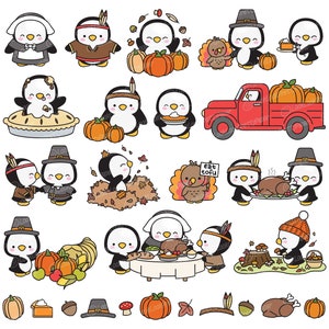 May include: A set of Thanksgiving-themed penguin illustrations. The penguins are dressed in pilgrim hats, Native American headdresses, and chef hats. They are holding various Thanksgiving foods, such as pies, turkeys, and pumpkins. The illustrations are perfect for creating Thanksgiving cards, invitations, or decorations.