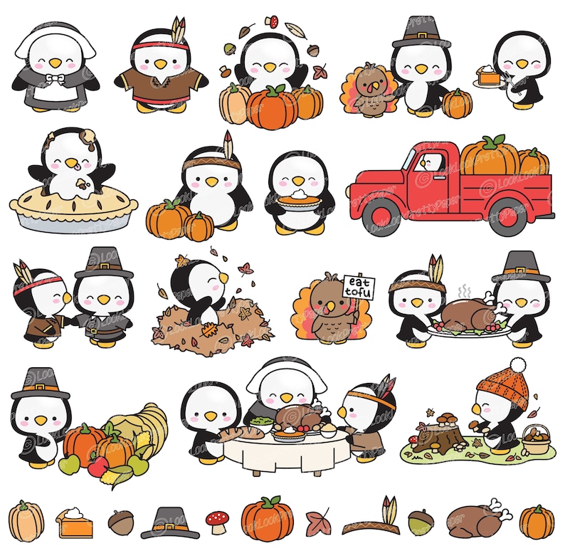 May include: A set of Thanksgiving-themed penguin illustrations. The penguins are dressed in pilgrim hats, Native American headdresses, and chef hats. They are holding various Thanksgiving foods, such as pies, turkeys, and pumpkins. The illustrations are perfect for creating Thanksgiving cards, invitations, or decorations.