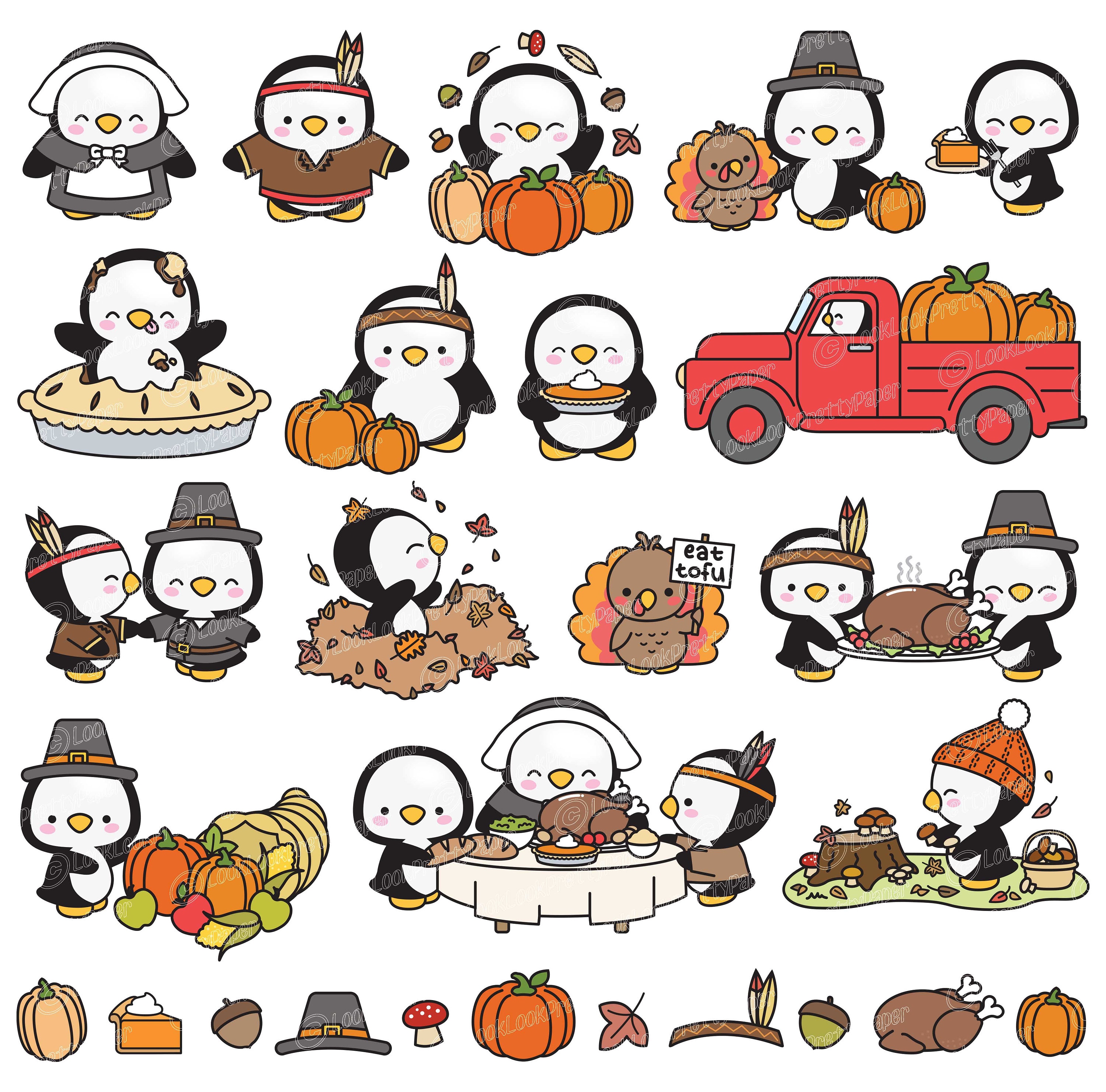 Premium Vector Clipart Kawaii Thankgiving Penguins Cute - Etsy