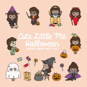 May include: A set of 35 Halloween-themed clipart images featuring cute little girls dressed in various costumes, including a witch, a vampire, a ghost, a zombie, and a pumpkin. The images are perfect for creating Halloween cards, invitations, and other crafts.