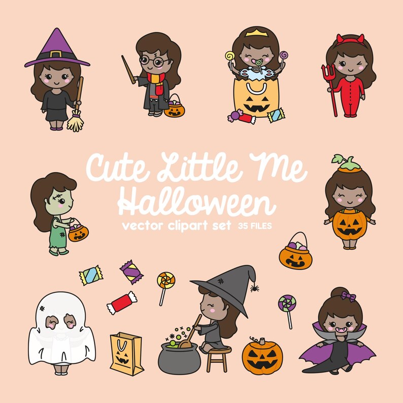 May include: A set of 35 Halloween-themed clipart images featuring cute little girls dressed in various costumes, including a witch, a vampire, a ghost, a zombie, and a pumpkin. The images are perfect for creating Halloween cards, invitations, and other crafts.