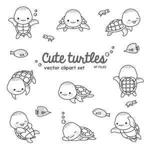 Premium Vector Clipart - Kawaii Turtle - Uroczy zestaw clipartów Turtle - Żółw morski - Kontury - Wysokiej jakości wektory - Natychmiastowe pobieranie