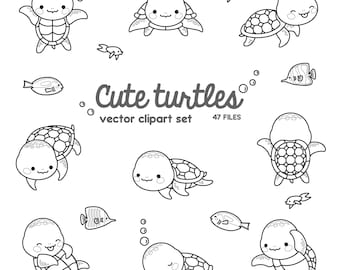 Premium Vector Clipart - Kawaii Turtle - Cute Turtle Clipart Set - Sea Turtle - Outlines - High Quality Vectors - Instant Download