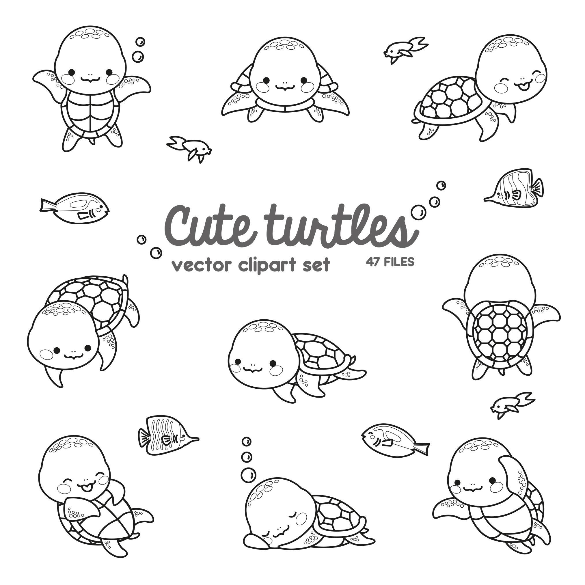 Premium vectorillustraties - kawaii-schildpad - schattige  schildpad-clipartset - zeeschildpad - contouren - hoge kwaliteit vectoren -  direct, image size:2026x2026