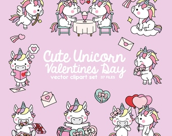 May include: Cute unicorn illustrations in various poses for Valentine's Day. The unicorns are holding hearts, gifts, and balloons. Some are wearing bows and others are holding hands. The text "Cute Unicorn Valentines Day vector clipart set 37 files" is at the bottom of the image.