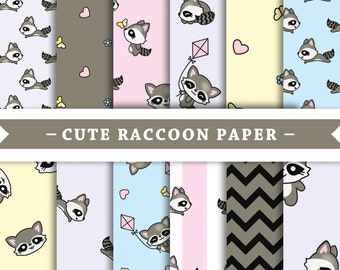 Premium Digital Paper - Scrapbooking Paper - Kawaii - Raccoon - Cute Raccoons - Patterns - Patterned Digital Paper - Printable Paper Set