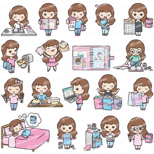 May include: A collection of cartoon illustrations featuring a brown-haired character engaged in various activities related to planning and organization. The character is shown working on a desk, using a laptop, and holding planners and notebooks. The illustrations are in a cute, kawaii style.