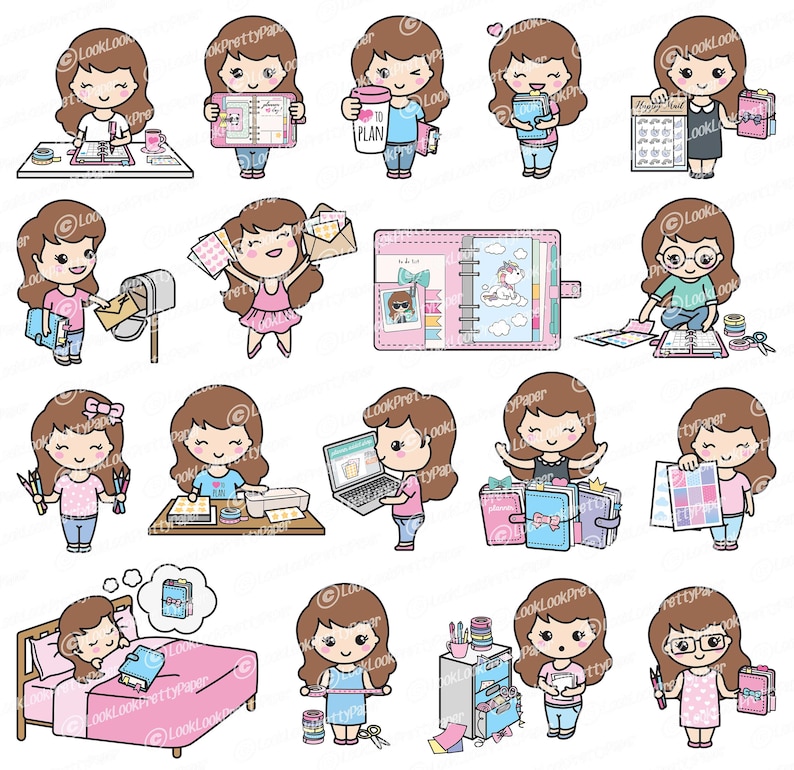 May include: A collection of cartoon illustrations featuring a brown-haired character engaged in various activities related to planning and organization. The character is shown working on a desk, using a laptop, and holding planners and notebooks. The illustrations are in a cute, kawaii style.