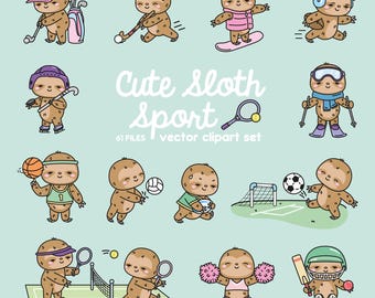 May include: A set of 12 digital clipart images featuring cute cartoon sloths playing various sports, including basketball, volleyball, soccer, tennis, hockey, skiing, and baseball. The images are in a cartoon style with bright colors and simple lines.