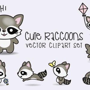 Premium Vector Clipart - Kawaii Raccoons - Cute Raccoons Clipart Set - High Quality Vectors - Instant Download - Kawaii Clipart