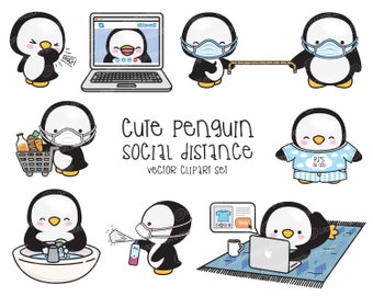 Premium Vector Clipart - Kawaii Penguin - Cute Penguin Social Distancing Clipart - Penguins Lockdown - Instant Download - Kawaii Clipart