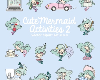 Imágenes vectoriales premium - Sirena Kawaii - Imágenes prediseñadas de sirenas adorables - ¡Aún más sirenas! - Descarga instantánea - Imágenes prediseñadas Kawaii