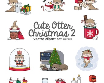 Premium Vektor Clipart - Kawaii Otter - Süße Otter Weihnachten - Xmas Otter - Sofort Download - Kawaii Clipart
