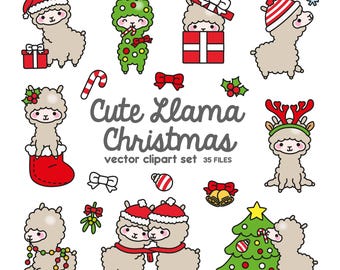 May include: A set of 35 digital clipart images featuring cute llamas dressed in festive Christmas attire. The llamas are wearing Santa hats, reindeer antlers, Christmas tree costumes, and holding gifts. The clipart is perfect for adding a touch of holiday cheer to your projects.