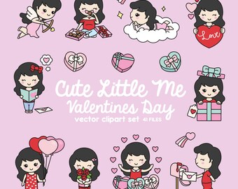 Premium Vector Clipart - Kawaii Valentines Day Cute Me - Valentines Day Girl Clipart Set - Cute Valentines Day Clipart - Black Hair
