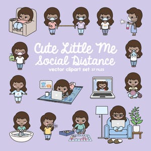 Premium Vector Clipart - Kawaii Girl - Cute Little Me Social Distancing Clipart - Cute Girl Lockdown - Darker Skin  - Kawaii Clipart